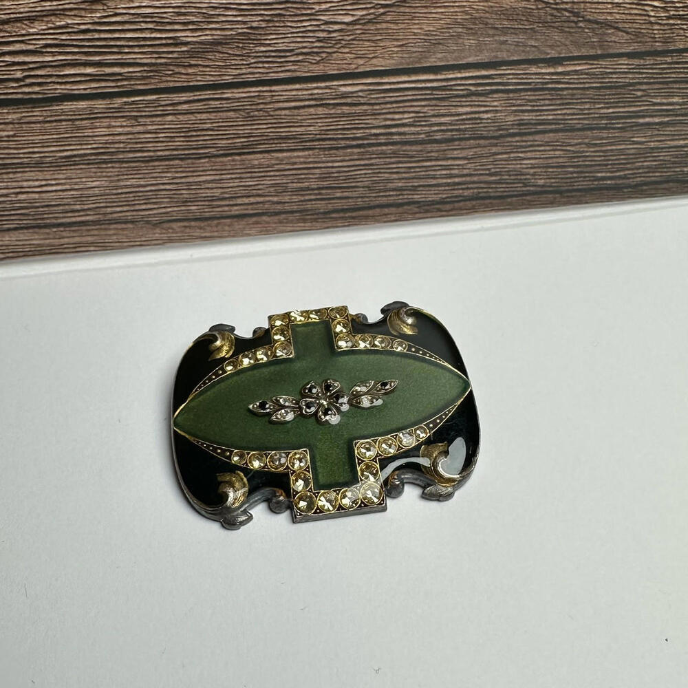 Catherine Popesco France Green & Black Enamel With Rhinestone Brooch Pin